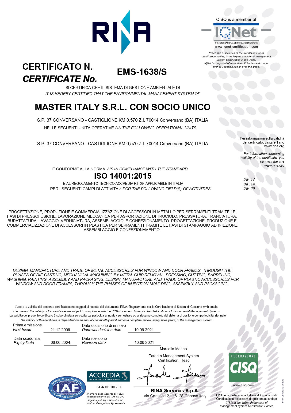 copertina certificato ISO 14001:2015