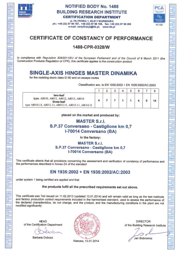 certificato Certificat de constance des performances