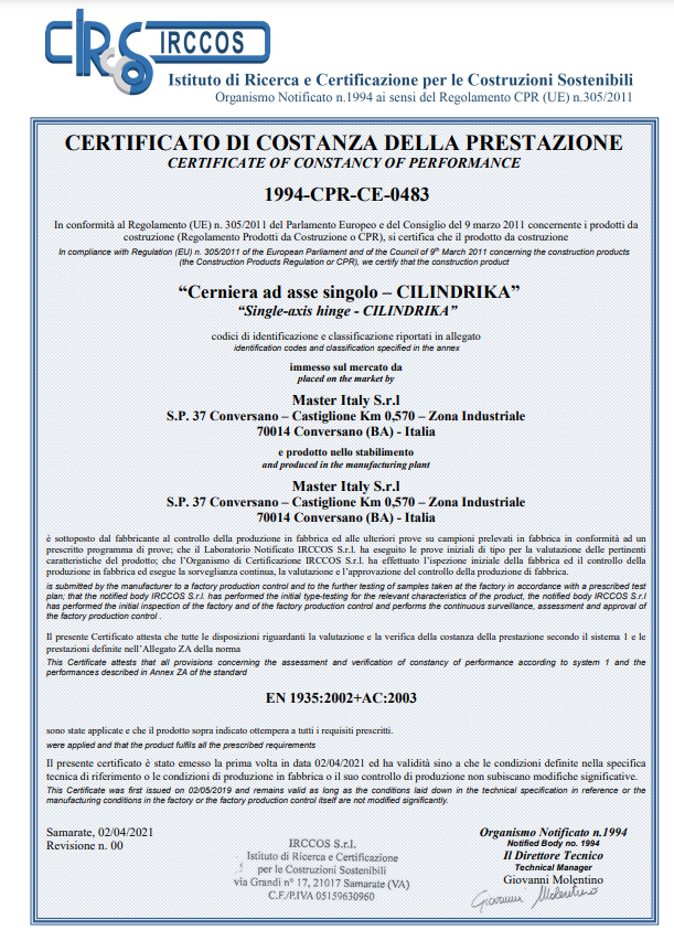 certificato Certificate of constancy of performance – Cilindrika
