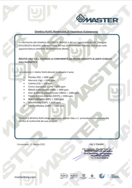 copertina certificato Direttiva RoHS (Restriction of Hazardous Substances)