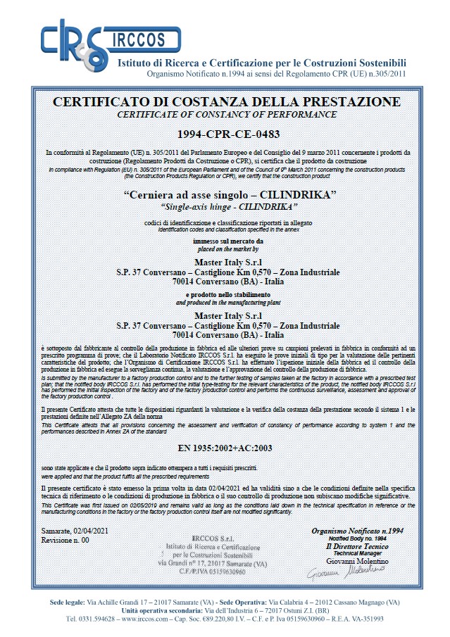 certificato Cilindrika – Zawias rozłączalny bolcowy do drzwi – Deklaracje właściwości użytkowych CE