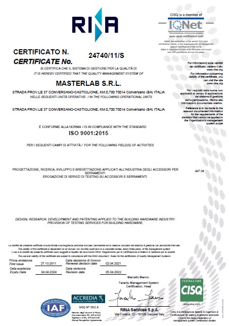 copertina certificato RINA ISO 9001:2015