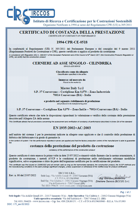 certificato Certificate of constancy of performance 8070.6 – 8071.6