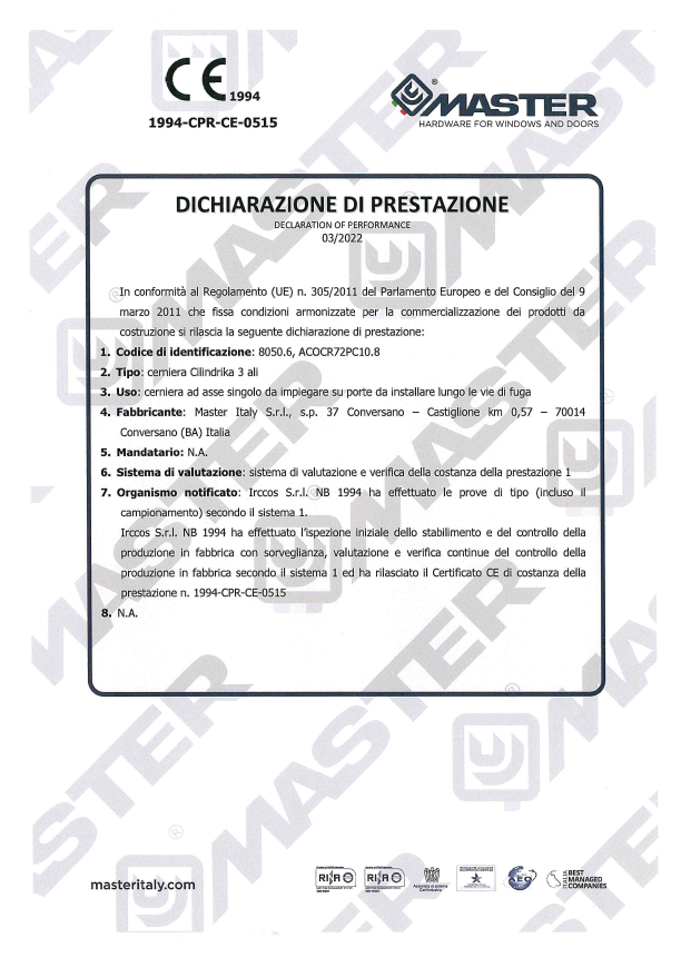 certificato Dichiarazione di Prestazione 8050.6