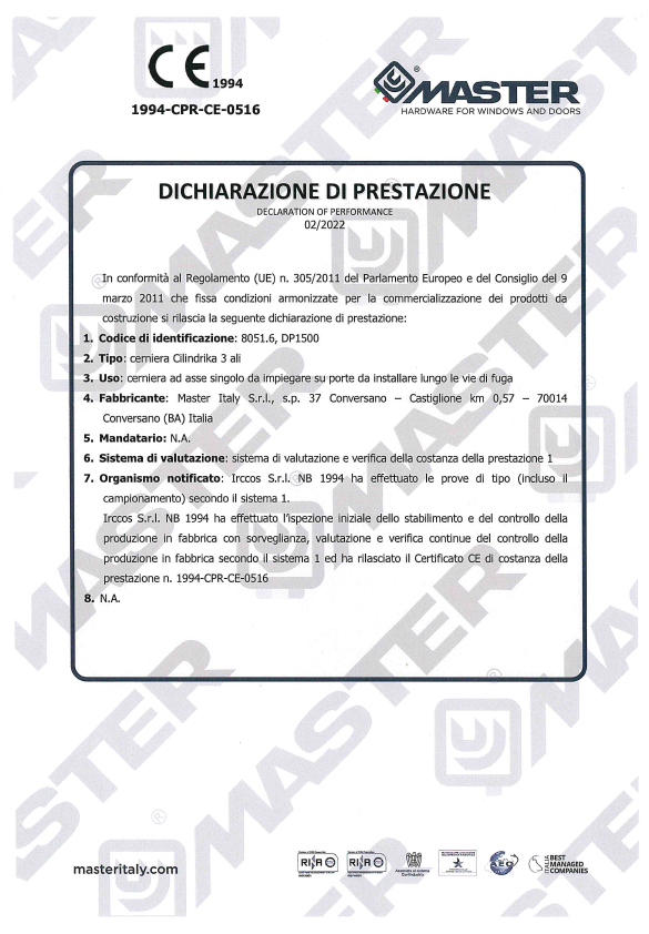 certificato Dichiarazione di Prestazione 8051.6