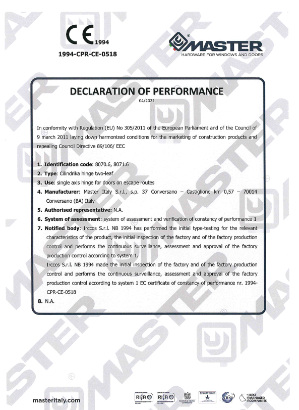 certificato Declaration of Performace 8070.6 – 8071.6