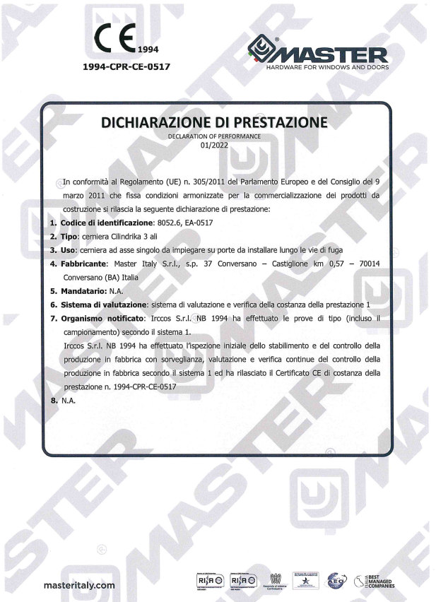 certificato Dichiarazione di Prestazione 8052.6