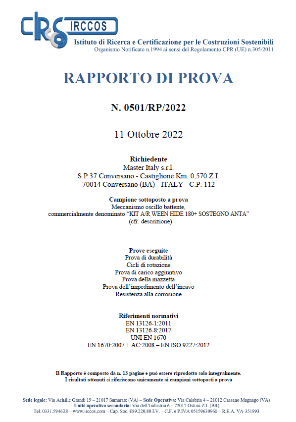 certificato Rapporto di prova Ween Hide 180 portata 150 kg