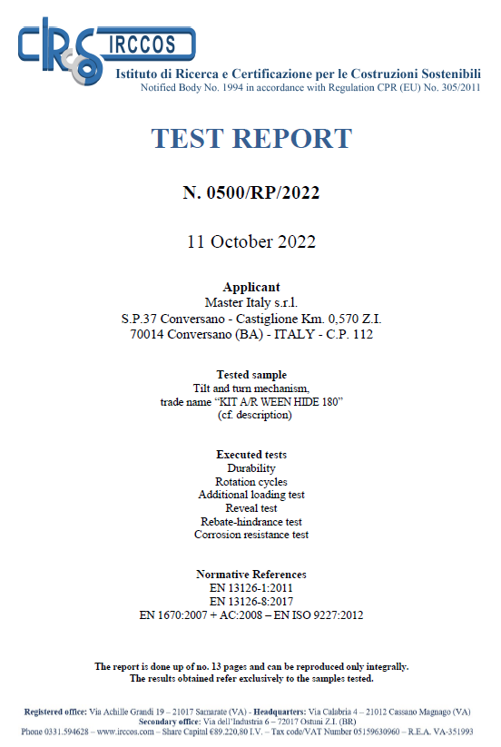 certificato Test Report Ween Hide 180 -130 kg load capacity