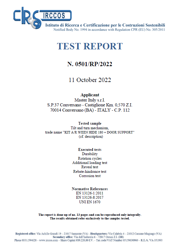 certificato Test report Ween Hide 180 – 150 kg load capacity