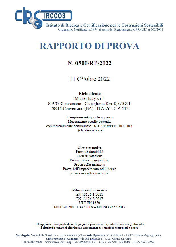 certificato Rapporto di prova Ween Hide 180 portata 130 kg