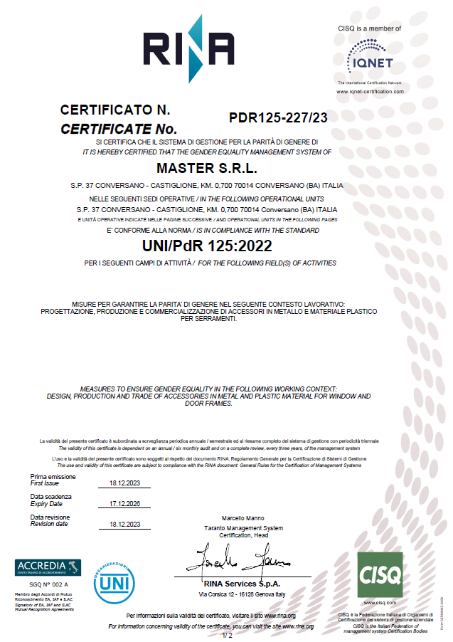 copertina certificato UNI/PdR125:2022 – Równości płci
