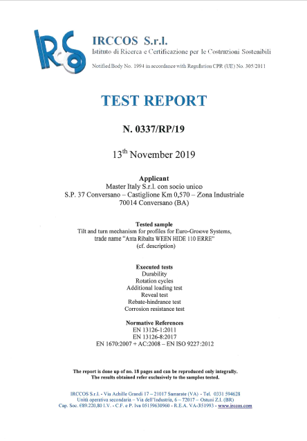 certificato Test Report Ween Hide 110 ERRE